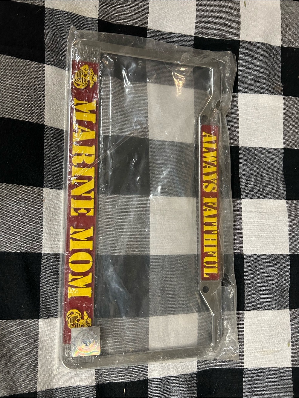 USMC 'Marine Mom - Always Faithful' Red and Yellow License Plate Frame